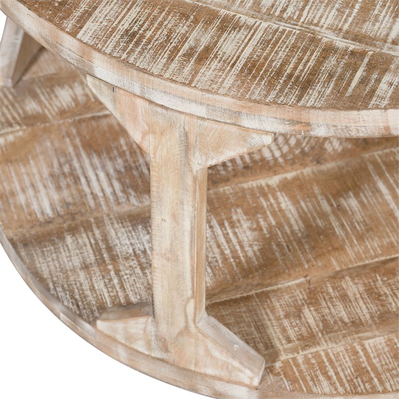 Pemberly Row Rustic Modern Solid Wood Round Coffee Table Distressed Natural
