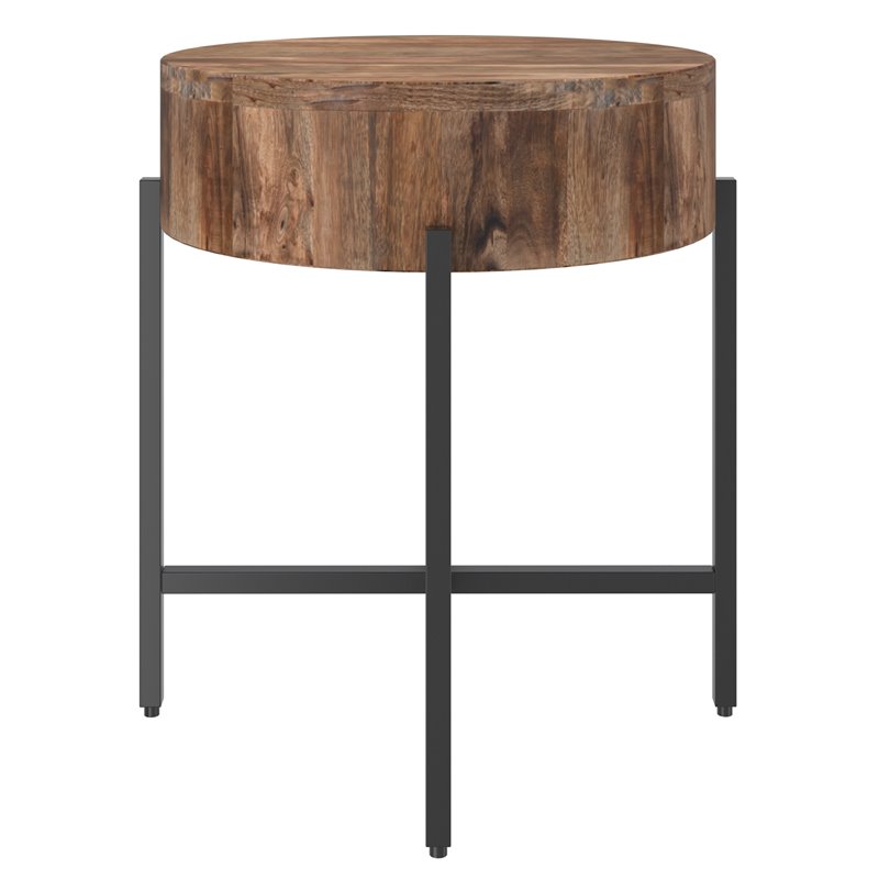 Pemberly Row Solid Wood and Iron Round Accent Table Natural and Black