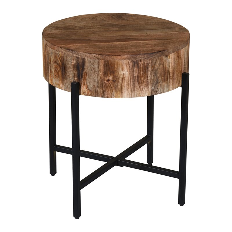 Pemberly Row Solid Wood and Iron Round Accent Table Natural and Black