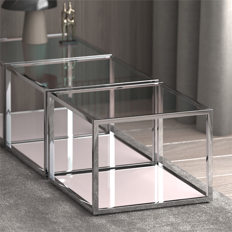 Pemberly Row Contemporary Metal and Glass Small Square Coffee Table Silver