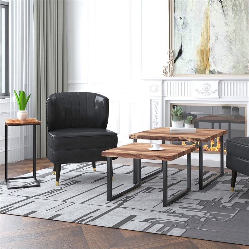 Pemberly Row Rustic Industrial Wood & Iron 2pc Coffee Table Set Natural & Black