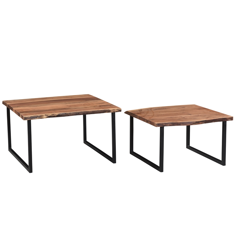 Pemberly Row Rustic Industrial Wood & Iron 2pc Coffee Table Set Natural & Black