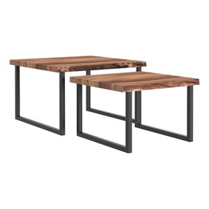 Pemberly Row Rustic Industrial Wood & Iron 2pc Coffee Table Set Natural & Black
