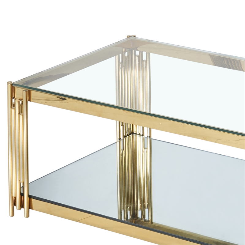 Pemberly Row Estrel Metal/Glass Top Coffee Table with Lower Shelf in Gold