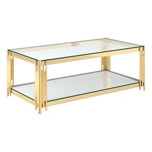 Pemberly Row Estrel Metal/Glass Top Coffee Table with Lower Shelf in Gold