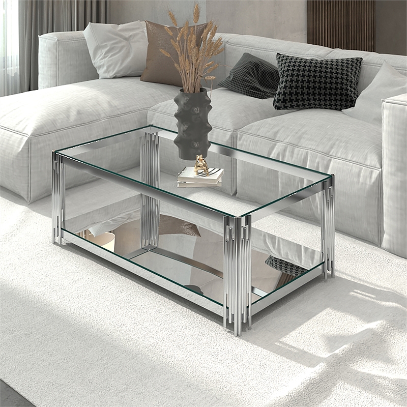 Pemberly Row Estrel Metal/Glass Top Coffee Table with Lower Shelf in Silver