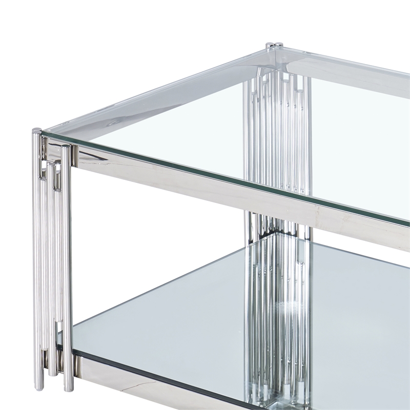 Pemberly Row Estrel Metal/Glass Top Coffee Table with Lower Shelf in Silver