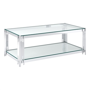 Pemberly Row Estrel Metal/Glass Top Coffee Table with Lower Shelf in Silver