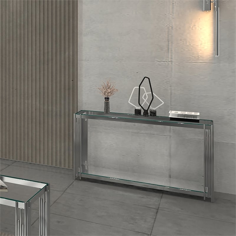 Pemberly Row Contemporary Metal and Glass Console Table Silver