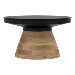 Pemberly Row Modern Metal Solid Wood Round Coffee Table Black Walnut