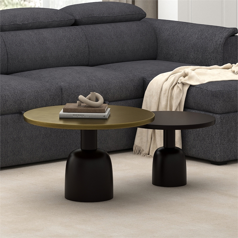 Pemberly Row Industrial Chic Cast Aluminum 2pc Round Coffee Table Set Gold Black