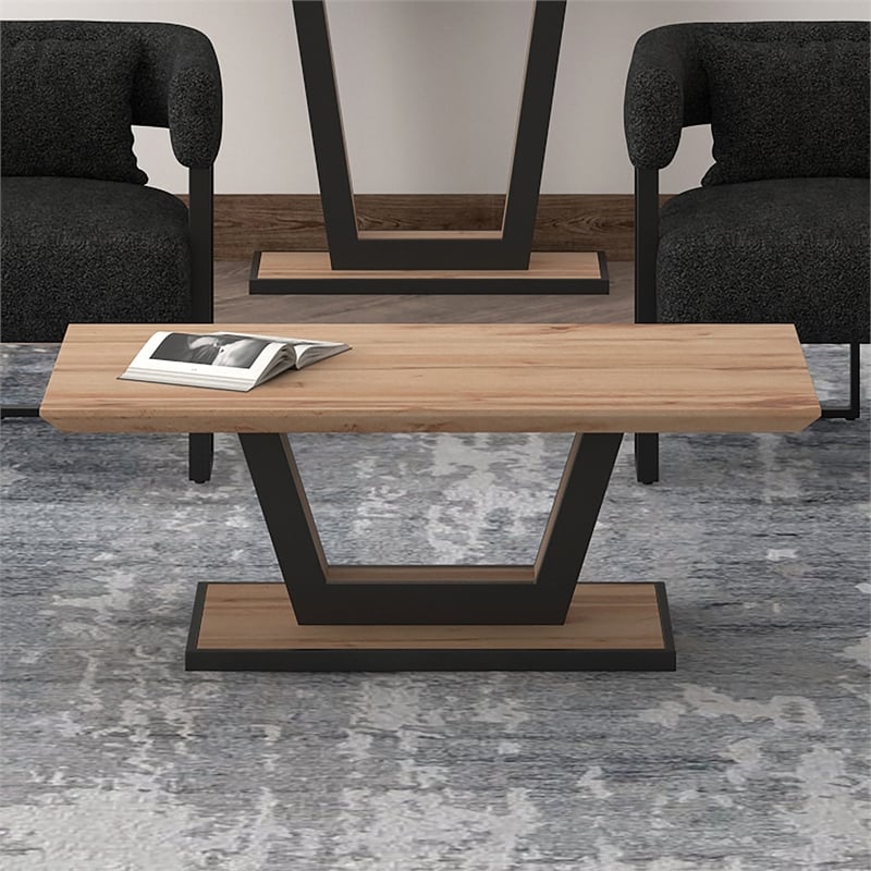 Pemberly Row Modern MDF Metal Rectangular Coffee Table Natural Black