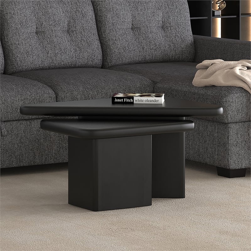 Pemberly Row Mid-Century Modern Solid Wood 2pc Coffee Table Set Black