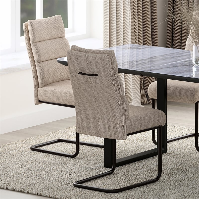 Pemberly Row Modern Fabric Metal Dining Chair Set of 2 Beige Black