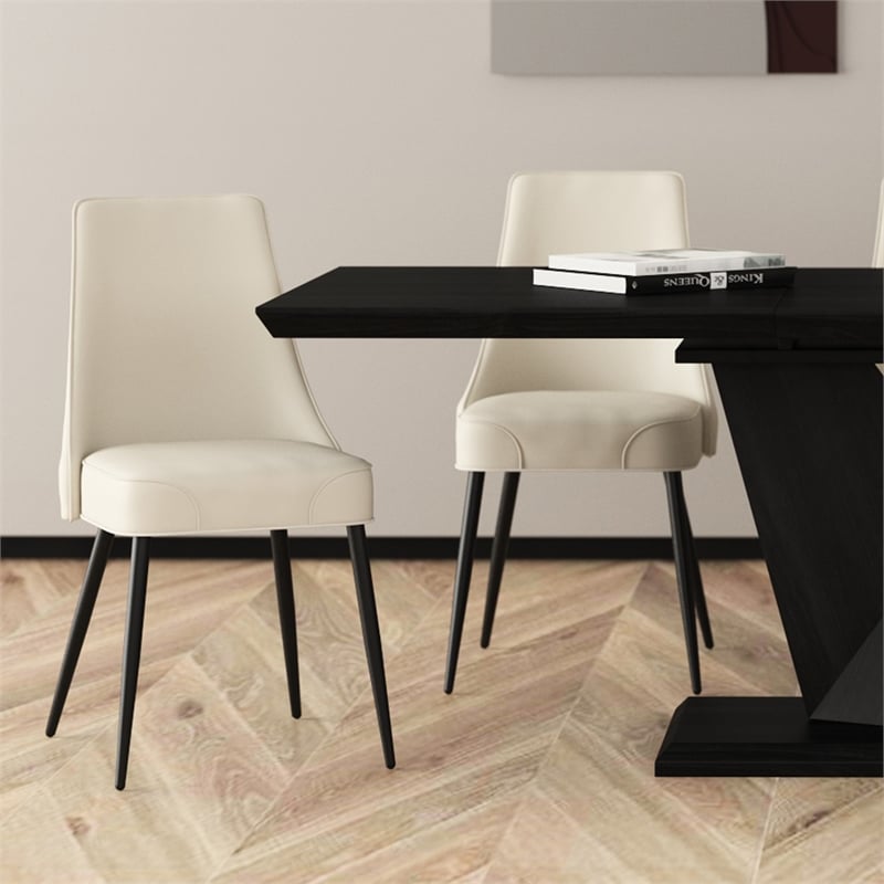 Pemberly Row Faux Leather Metal Dining Chair Faux Leather Set of 2 Beige Black