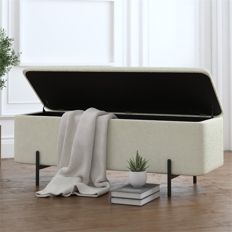 Pemberly Row Modern Fabric Metal Storage Ottoman Bench White Black