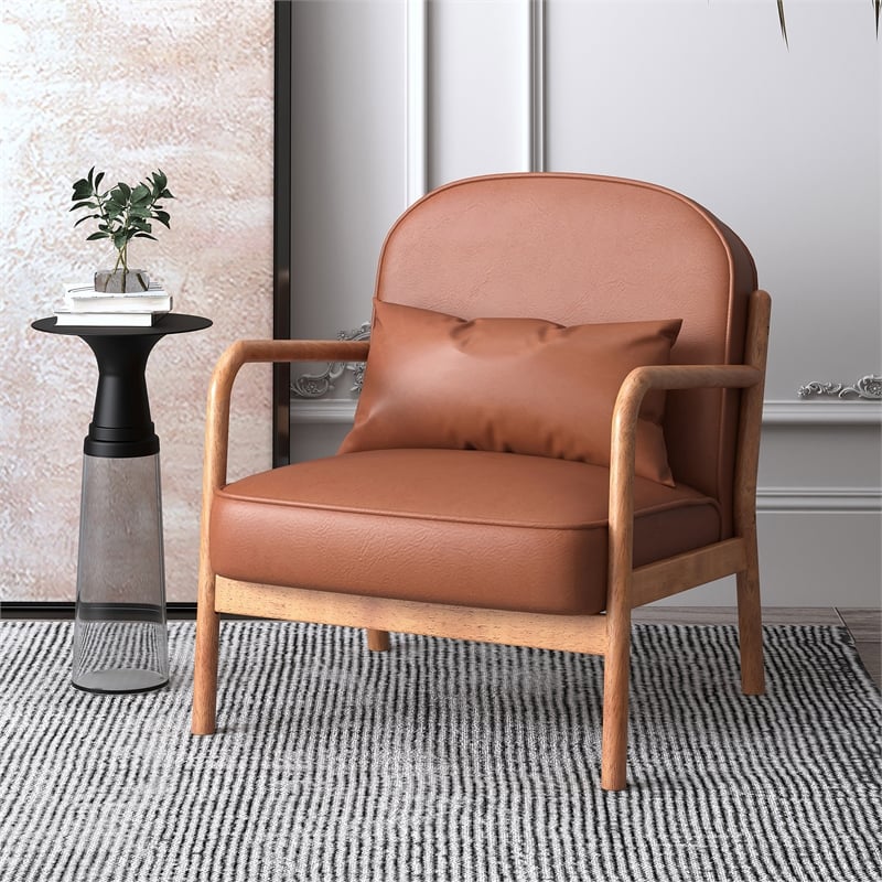 Pemberly Row Mid-Century Faux Leather Solid Wood Accent Chair Saddle Walnut