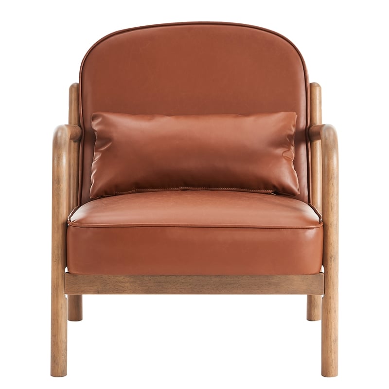 Pemberly Row Mid-Century Faux Leather Solid Wood Accent Chair Saddle Walnut