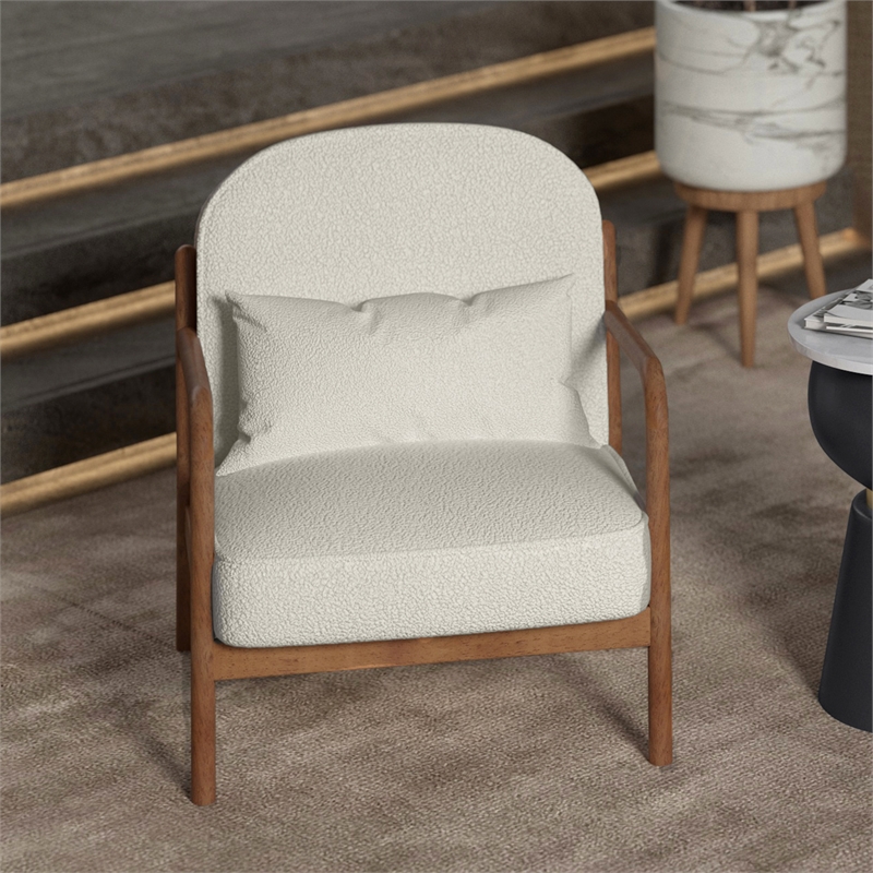 Pemberly Row Mid-Century Modern Boucle Fabric Accent Chair Fabric White Walnut