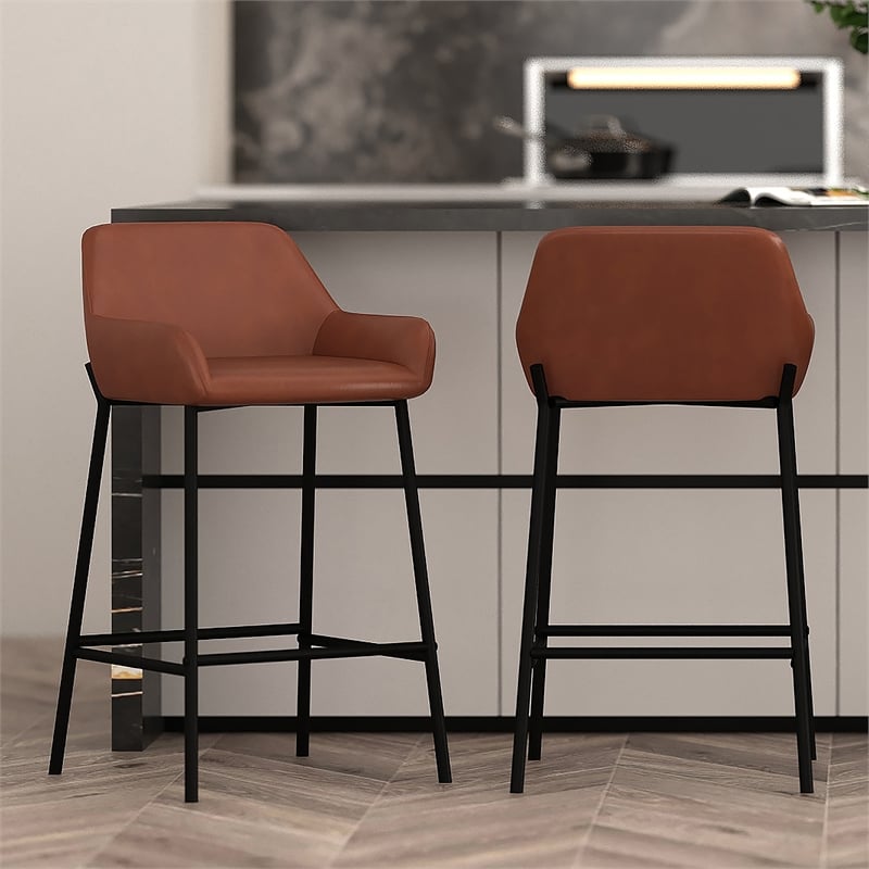 Pemberly Row Faux Leather Metal 26 Inches Counter Stool PU Set of 2 Saddle Black