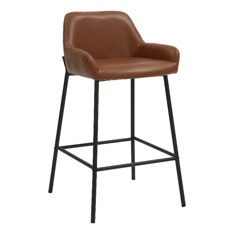 Pemberly Row Faux Leather Metal 26 Inches Counter Stool PU Set of 2 Saddle Black