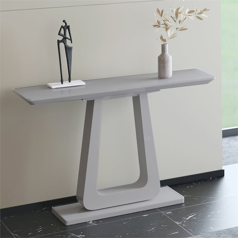 Pemberly Row Contemporary MDF Glass Console Table in Gray Finish