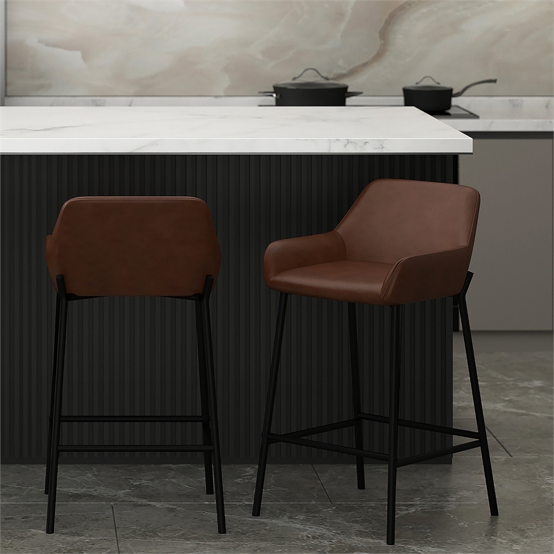 Pemberly Row Faux Leather Metal 26 Inche Counter Stool Set of 2 Brown Black