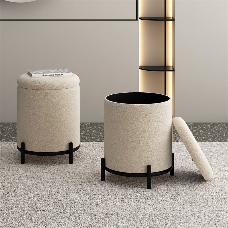 Pemberly Row Modern Boucle Fabric Round Storage Ottoman Cream and Black