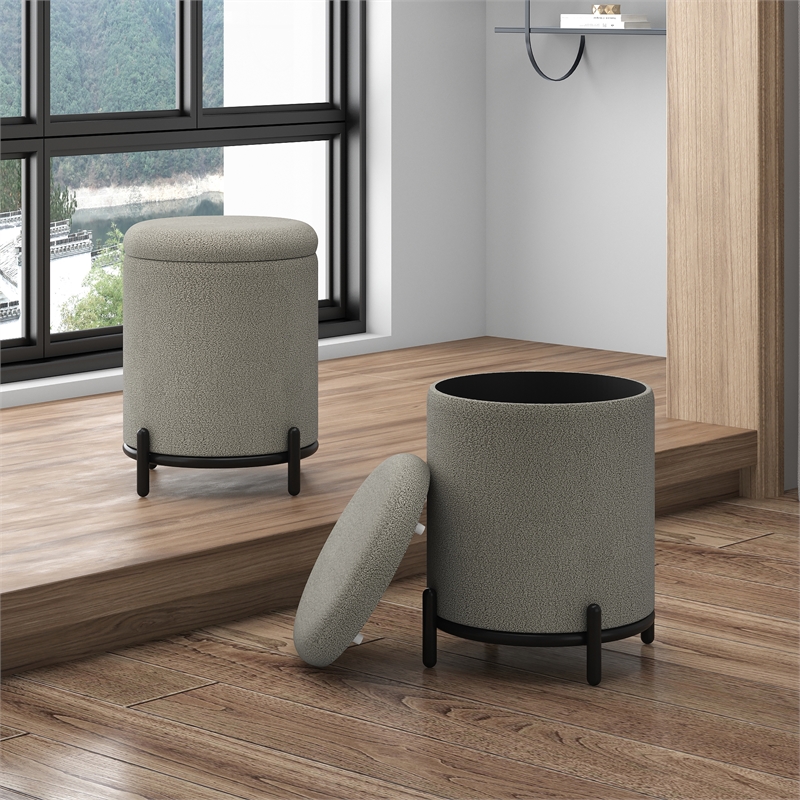 Pemberly Row Modern Boucle Fabric Round Storage Ottoman Gray and Black