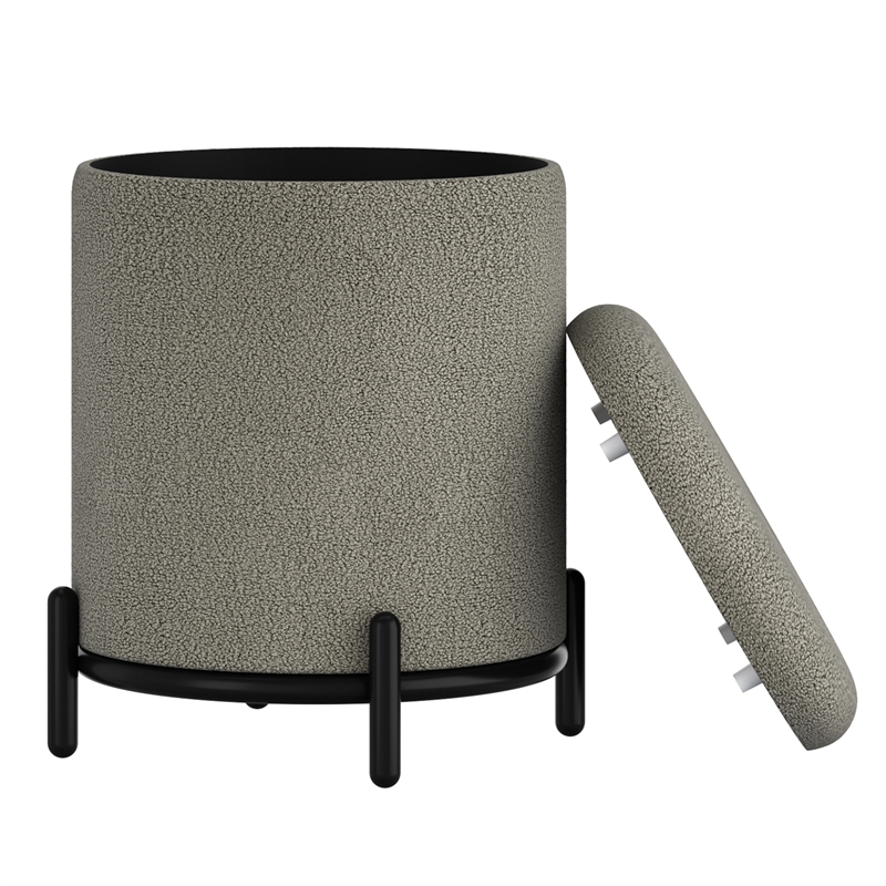 Pemberly Row Modern Boucle Fabric Round Storage Ottoman Gray and Black