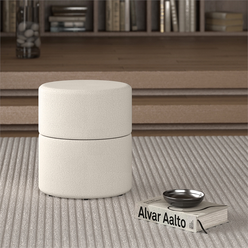 Pemberly Row Contemporary Boucle Fabric Round Ottoman in Cream