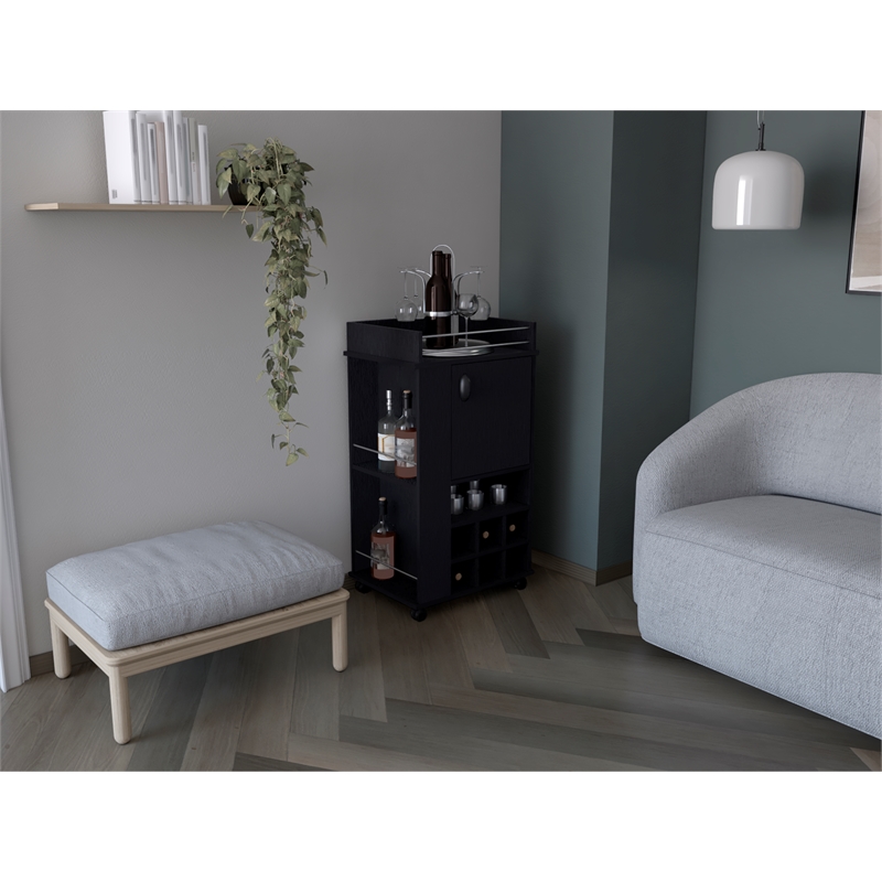 Pemberly Row Engineered Wood Bar Cart with 6 Built-in Wine Rack in Black