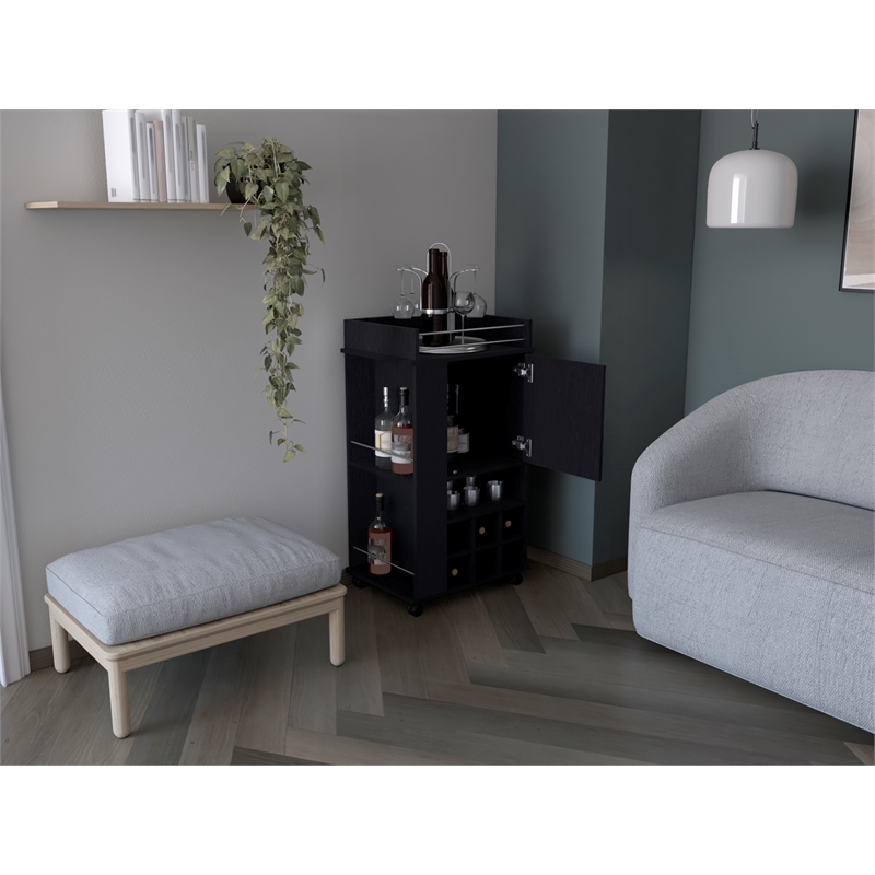 Pemberly Row Engineered Wood Bar Cart with 6 Built-in Wine Rack in Black
