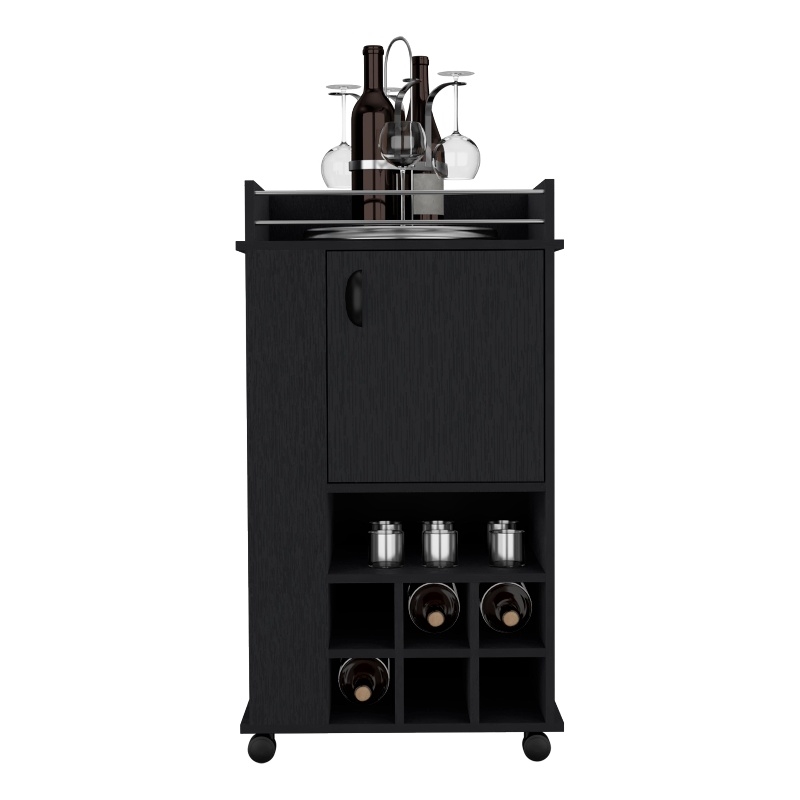 Pemberly Row Engineered Wood Bar Cart with 6 Built-in Wine Rack in Black