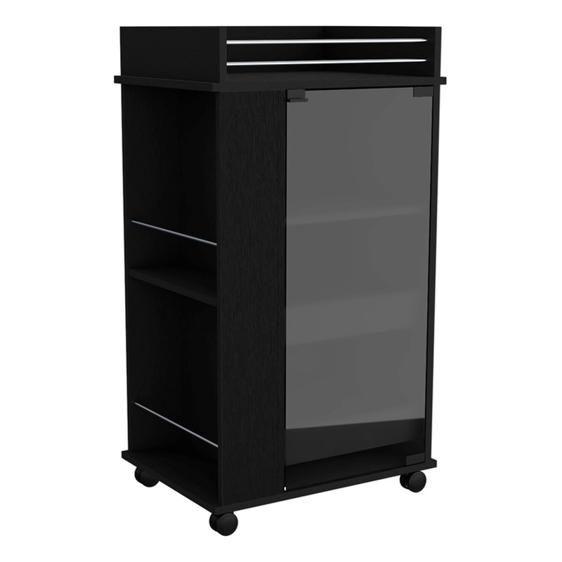 Pemberly Row Engineered Wood Bar Cart with 2-Side Shelves in Black
