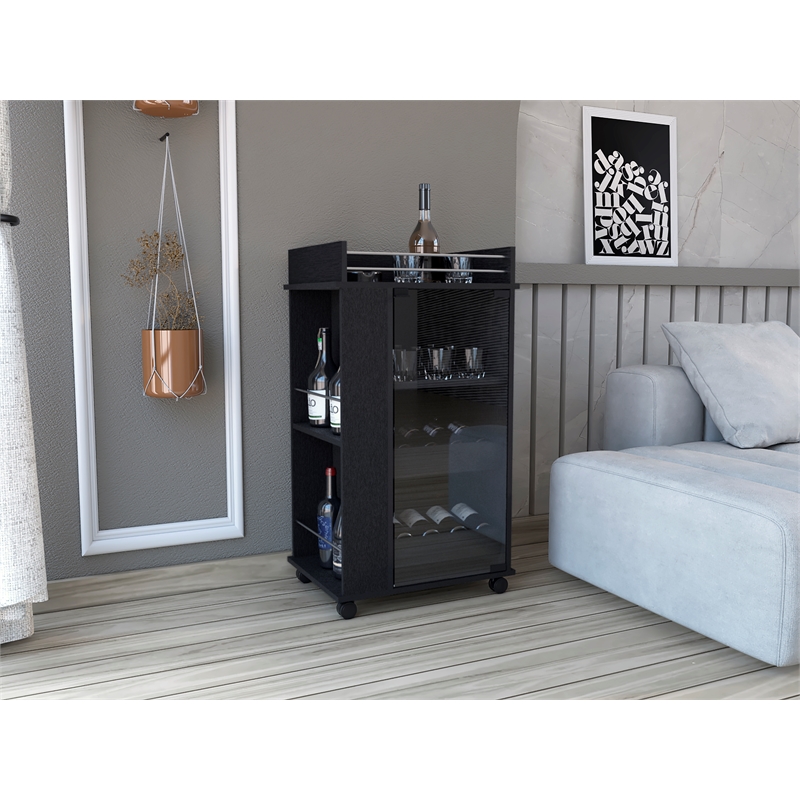 Pemberly Row Engineered Wood Bar Cart with 2-Side Shelves in Black