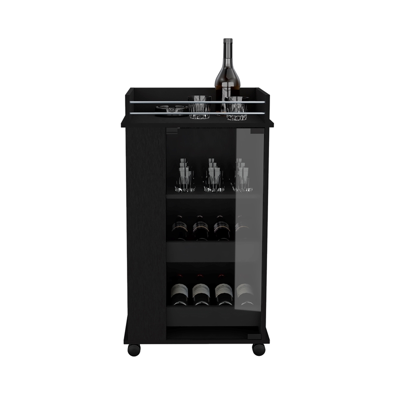Pemberly Row Engineered Wood Bar Cart with 2-Side Shelves in Black