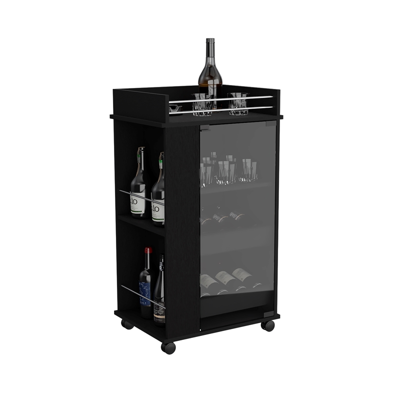 Pemberly Row Engineered Wood Bar Cart with 2-Side Shelves in Black