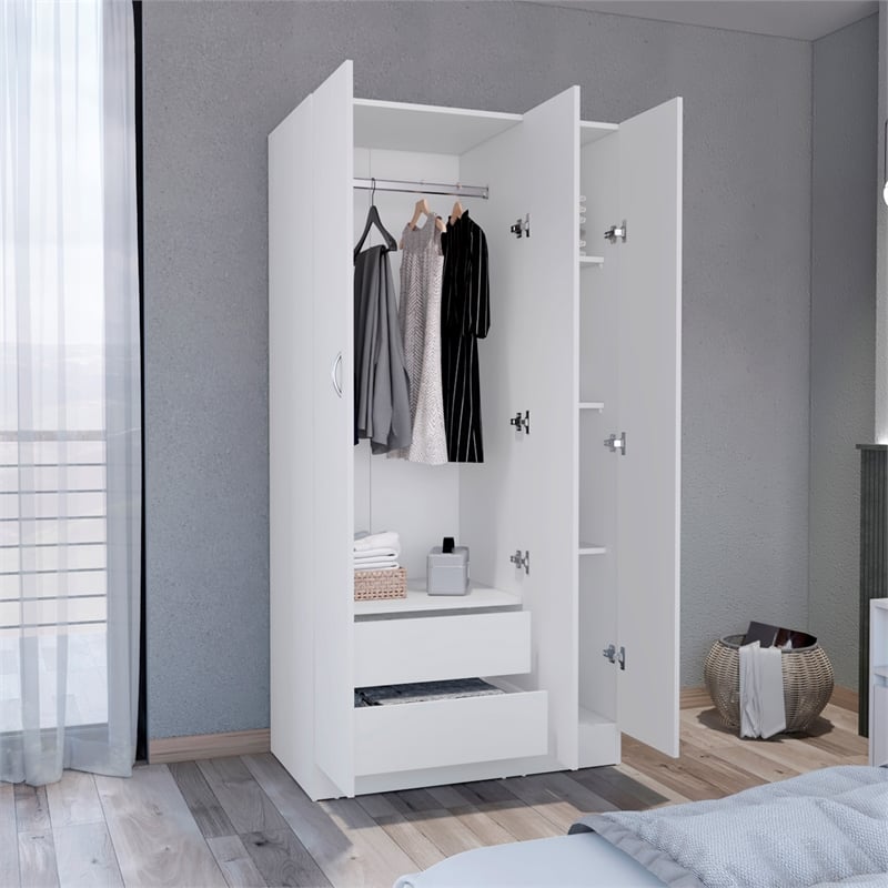 Pemberly Row Contemporary Wardrobe Armoire 3Doors -Engineered Wood-White