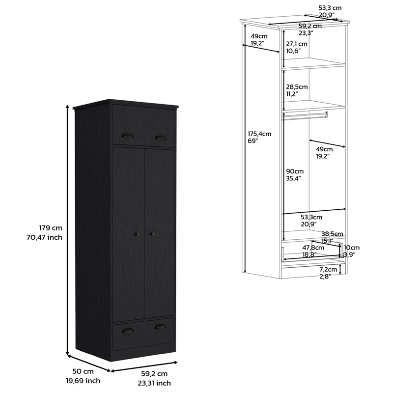 Pemberly Row Contemporary Engineered Wood Armoire with 2-Doors in Black