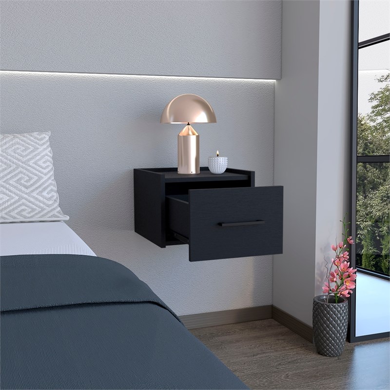 Pemberly Row Floating Nightstand Engineered Wood Handy Drawer Black