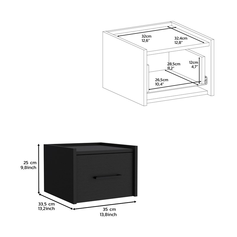 Pemberly Row Floating Nightstand Engineered Wood Handy Drawer Black