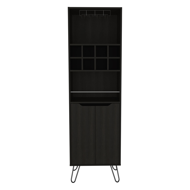 Pemberly Row Bar Double Door Cabinet 8 Built in Wine Rack 4 Legs 4 Shelves Black