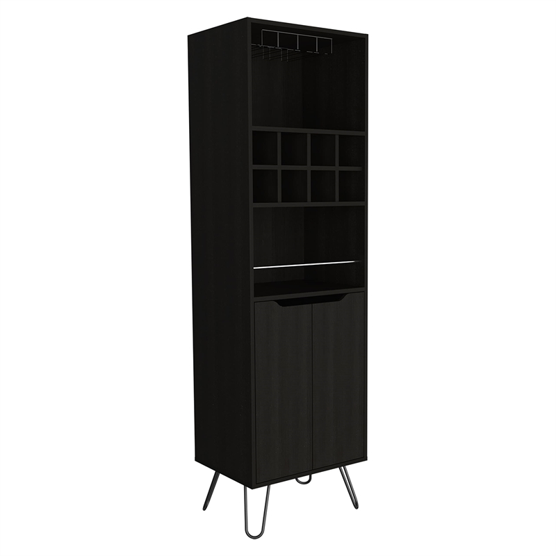 Pemberly Row Bar Double Door Cabinet 8 Built in Wine Rack 4 Legs 4 Shelves Black
