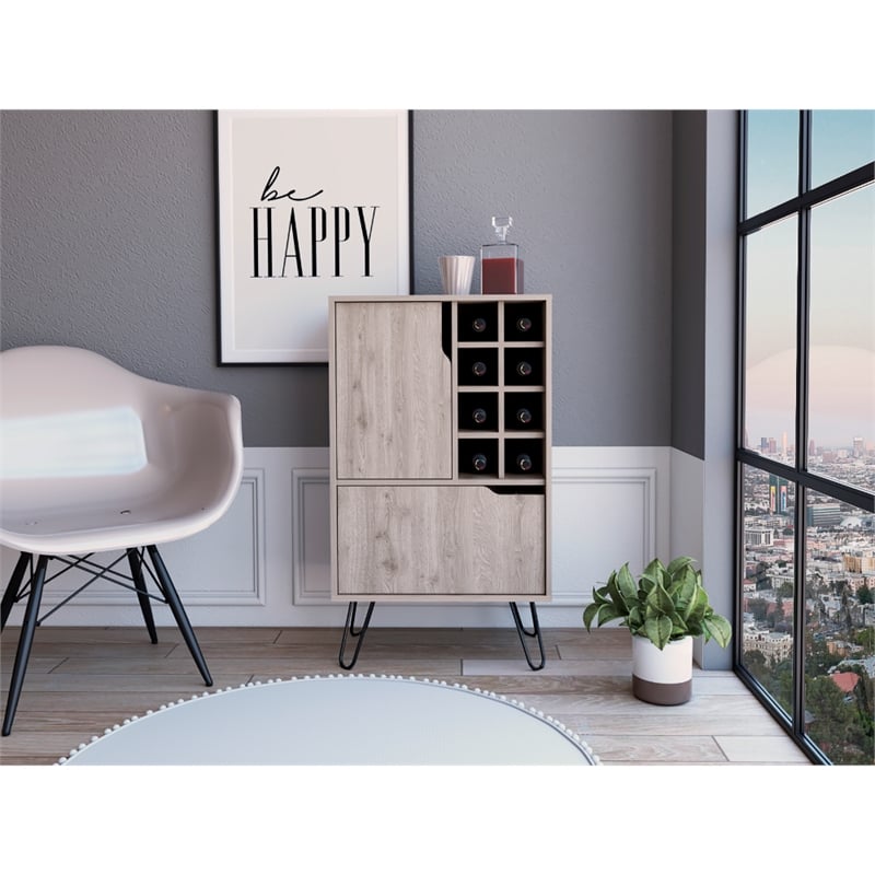 Pemberly Row Bar Single Door Cabinet 8 Built in Wine Rack in Light Gray