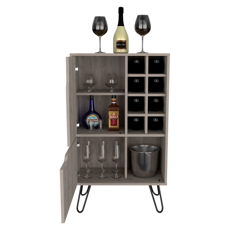 Pemberly Row Bar Single Door Cabinet 8 Built in Wine Rack in Light Gray