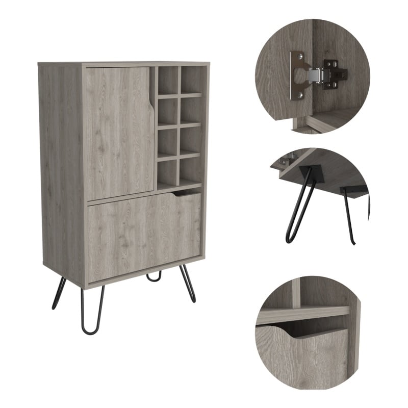 Pemberly Row Bar Single Door Cabinet 8 Built in Wine Rack in Light Gray