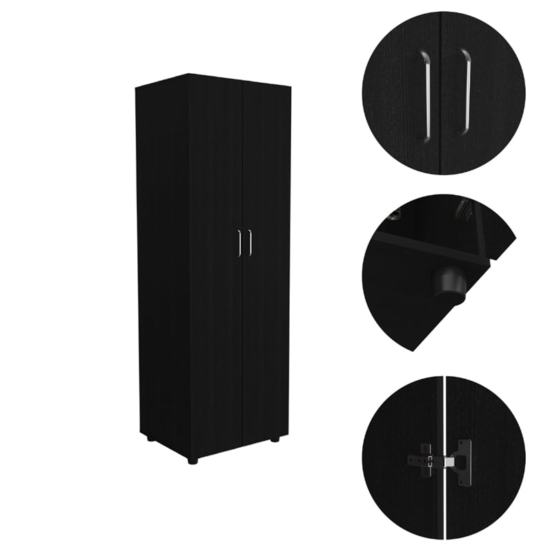 Pemberly Row Armoire 2 Shelves Rod Double Door Cabinet Armoire in Black