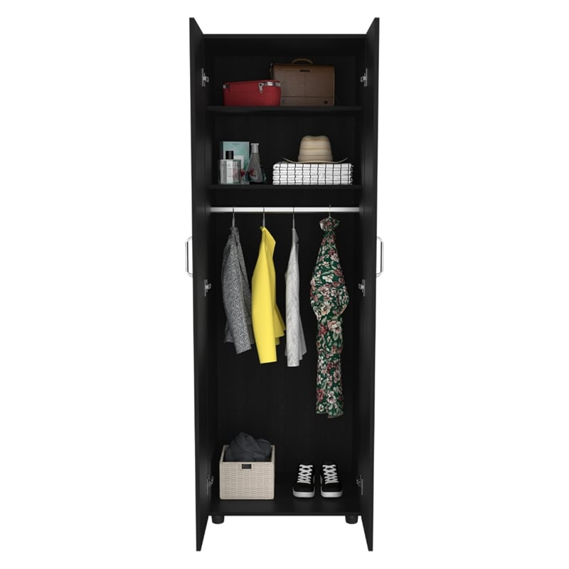 Pemberly Row Armoire 2 Shelves Rod Double Door Cabinet Armoire in Black