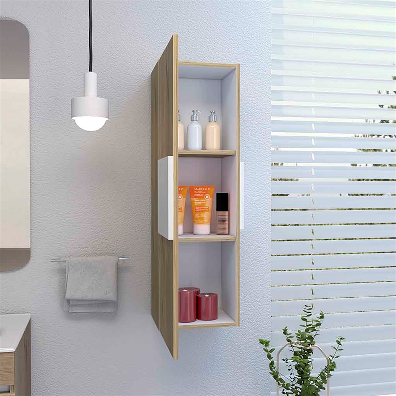 Pemberly Row Medicine Cabinet Single Door 3 Shelves in Light Oak / White